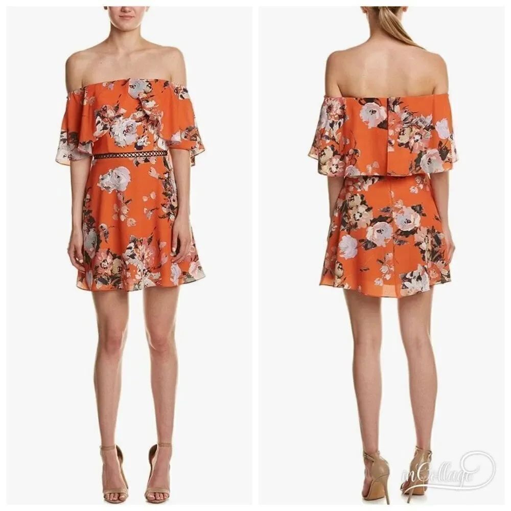 Allen Schwartz GUC Fall Floral Mini Dress Party Occasion Flounce Orange Sz6